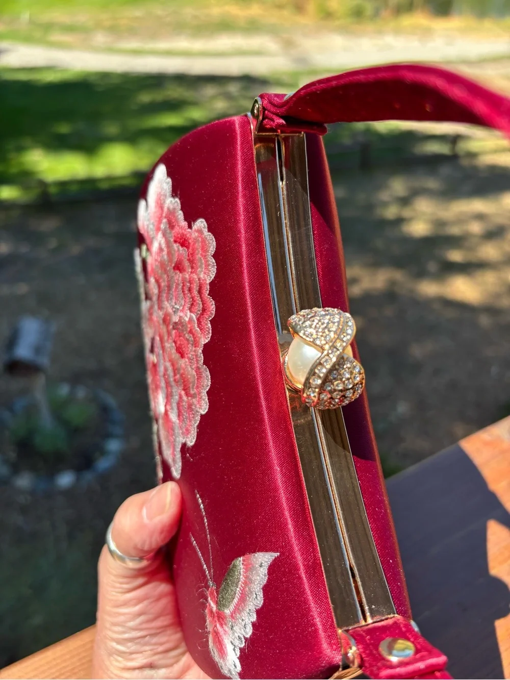 Verano Hill Red Satin Floral Top-Handle Evening Bag & Crossbody chain
